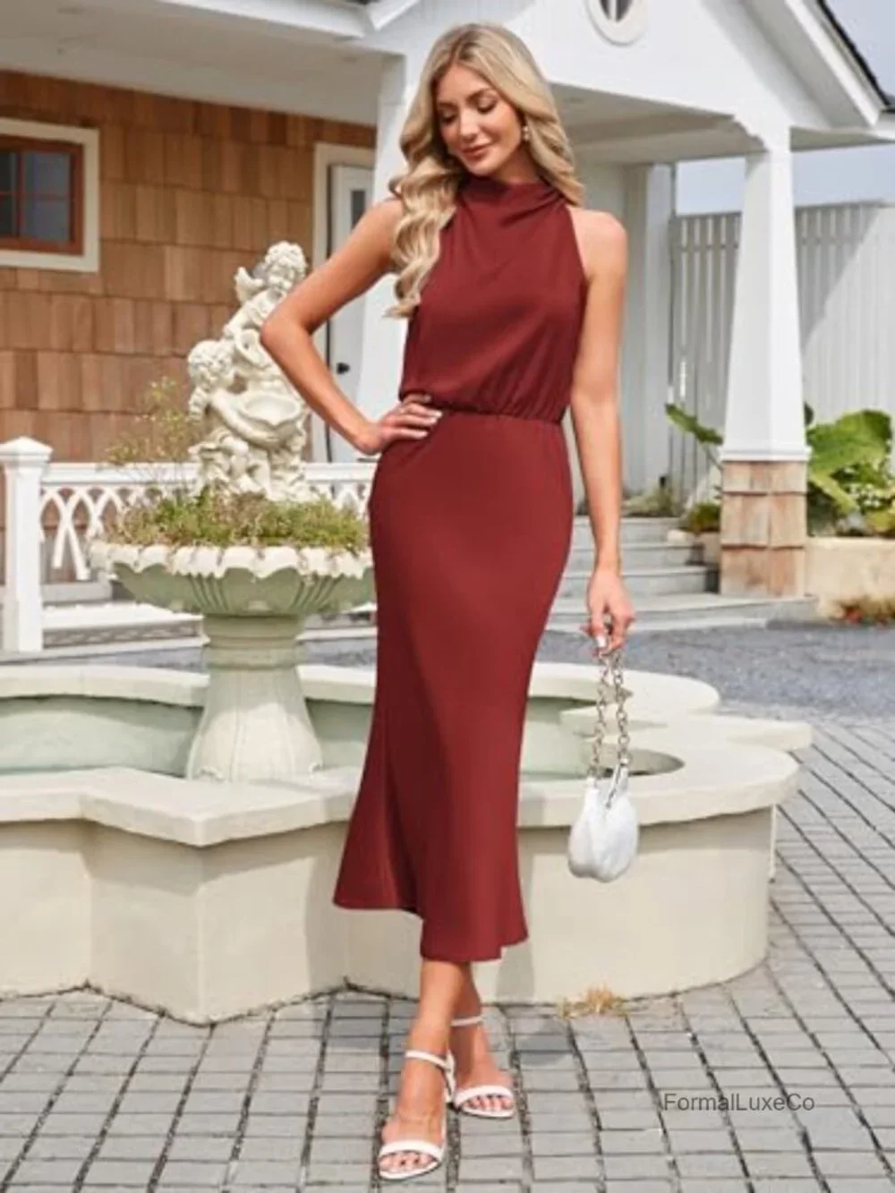 Satin Maxi Dress Sleeveless Mock Neck Ruched Cocktail Wedding Guest